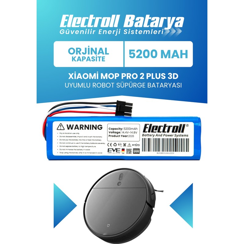 Electroll Xiaomi Mop Pro 2 Plus 3D STYTJO2ZHM Uyumlu Batarya (Orijinal Kapasite) 5200MAH Pil Robot Süpürge Pil - En Uygun Fiyatlarla Piinti'de