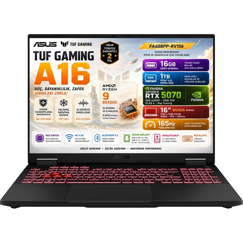 Asus TUF Gaming A16 FA608PP-RV156-GAMING AMD Ryzen 9 8940HX 16GB 1TB SSD RTX 5070 8GB (115W) 16" FHD+ (1920 x 1200) WUXGA 165Hz Freedos Taşınabilir Bilgisayar - Piinti Fiyat Karşılaştırması