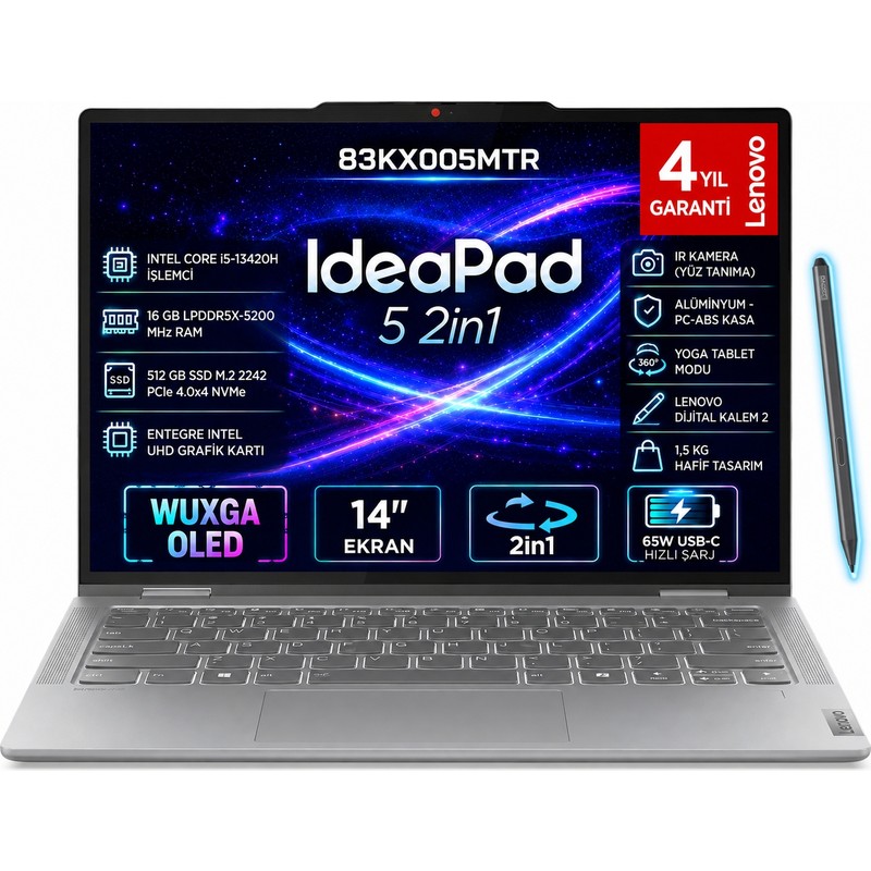Ideapad 5 Slim 2 In 1 Intel Core I5-13420H 16GB 512GB SSD Freedos 14" Wuxga OLED 83KX005MTR Taşınabilir Bilgisayar - Piinti Fiyat Karşılaştırması