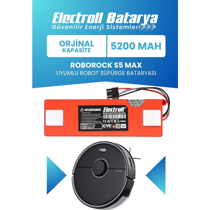Electroll Roborock S5 Max Uyumlu Batarya (Orijinal Kapasite) 5200MAH Pil Robot Süpürge Batarya Değişimi - En Uygun Fiyatlarla Piinti'de