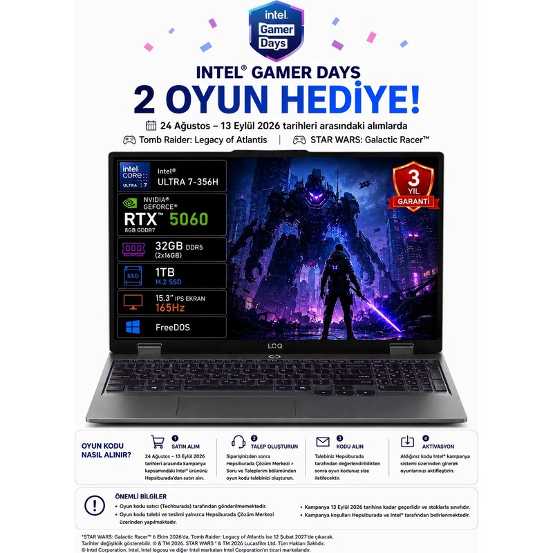 Lenovo Loq 15IPH11 83SL001PTR Intel Core Ultra 7-356H 32GB 1tb SSD RTX5060 8gb Tgp 115W 15.3" IPS 165Hz Freedos Taşınabilir Bilgisayar - En Uygun Fiyatlarla Piinti'de
