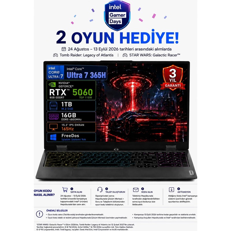 Lenovo Loq 15IPH11 83SL001ATR Intel Core Ultra 7-356H 16GB 1tb SSD RTX5060 8gb Tgp 115W 15.3" IPS 165Hz Freedos Taşınabilir Bilgisayar - En Uygun Fiyatlarla Piinti'de