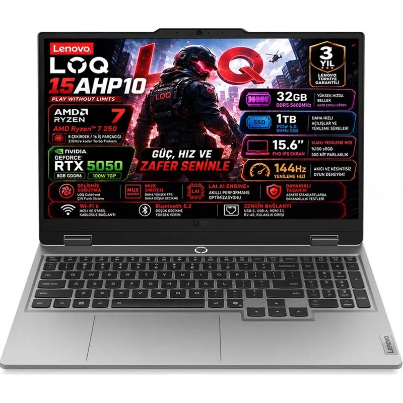 Lenovo LOQ 15AHP10 AMD Ryzen 7 250 32GB 1TB SSD RTX 5050 8GB (100W) 15.6" FHD IPS Panel 144Hz Freedos Taşınabilir Bilgisayar 83JG00BNTR - En Uygun Fiyatlarla Piinti'de
