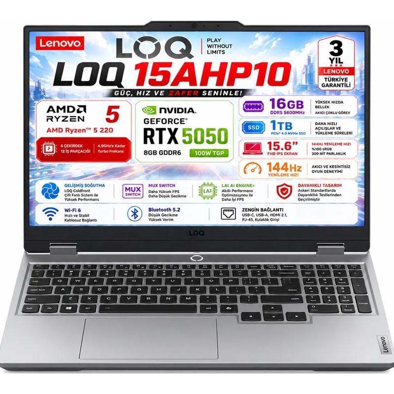 Lenovo LOQ 15AHP10 AMD Ryzen 5 220 16GB 1TB SSD RTX 5050 8GB (100W) 15.6" FHD IPS Panel 144Hz Freedos Taşınabilir Bilgisayar 83JG009TTR - En Uygun Fiyatlarla Piinti'de