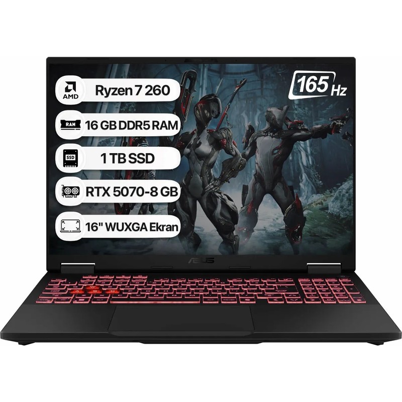 Asus Tuf Gaming A16 FA608UP-RV199 Amd Ryzen 7 260 16GB 1tb SSD RTX5070-8GB 115W Freedos 16" Wuxga 165Hz Taşınabilir Bilgisayar - En Uygun Fiyatlarla Piinti'de