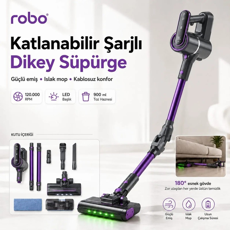 Robo Katlanır Şarjlı Dikey Süpürge Islak Mop Başlıklı Mor - En Uygun Fiyatlarla Piinti'de