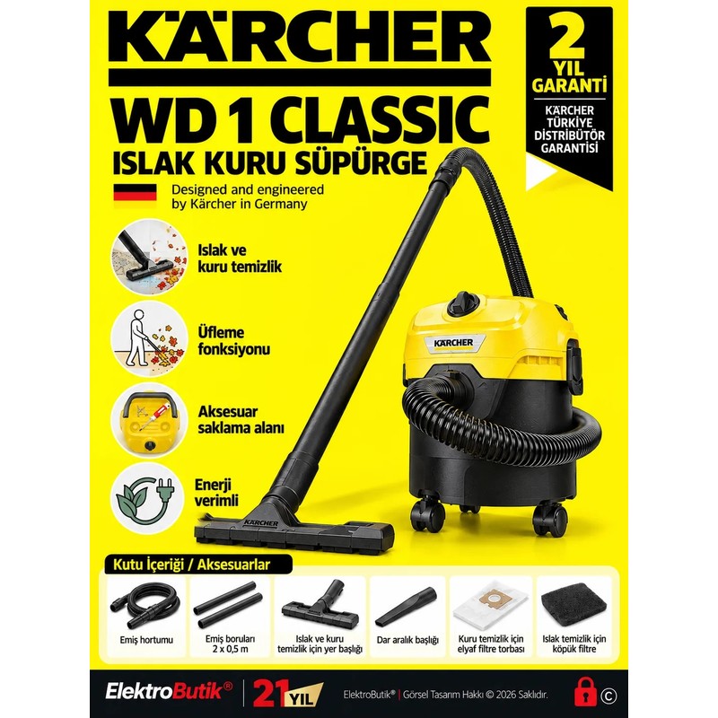 Karcher WD 1 Classic 850W 12 Litre Hazne Üfleme Özellikli Islak Kuru Elektrikli Süpürge 1.628-411.0 (Karcher Türkiye Garantili) - Piinti Fiyat Karşılaştırması