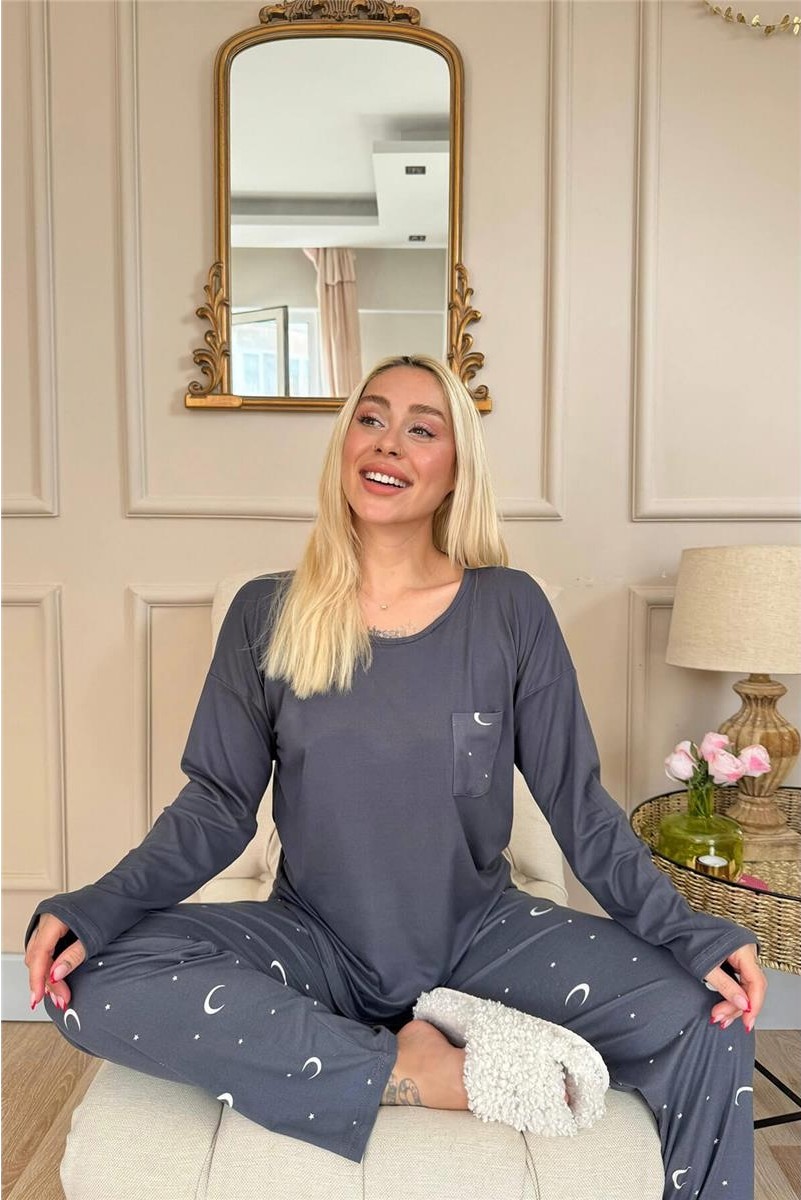 Pijama Evi Mürdüm Ay Yıldız Desenli Bambu Uzun Kol Kadın Pijama Takımı görsel 2