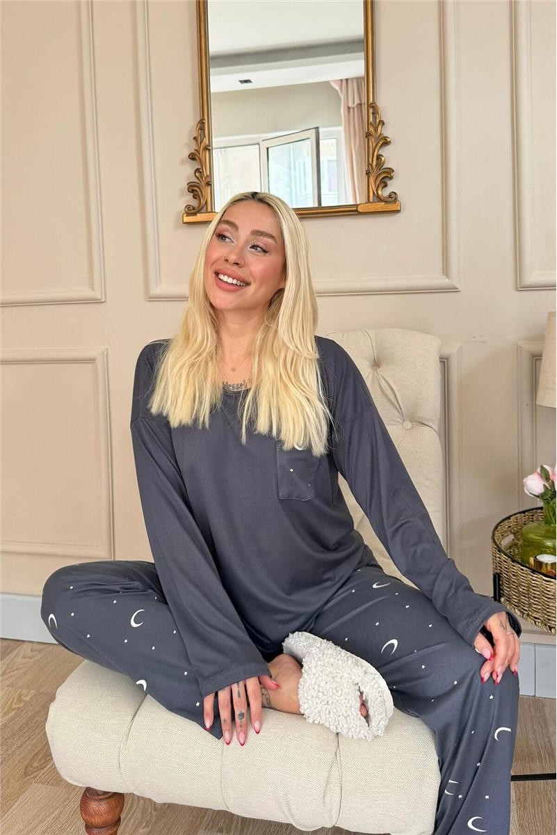 Pijama Evi Mürdüm Ay Yıldız Desenli Bambu Uzun Kol Kadın Pijama Takımı görsel 3