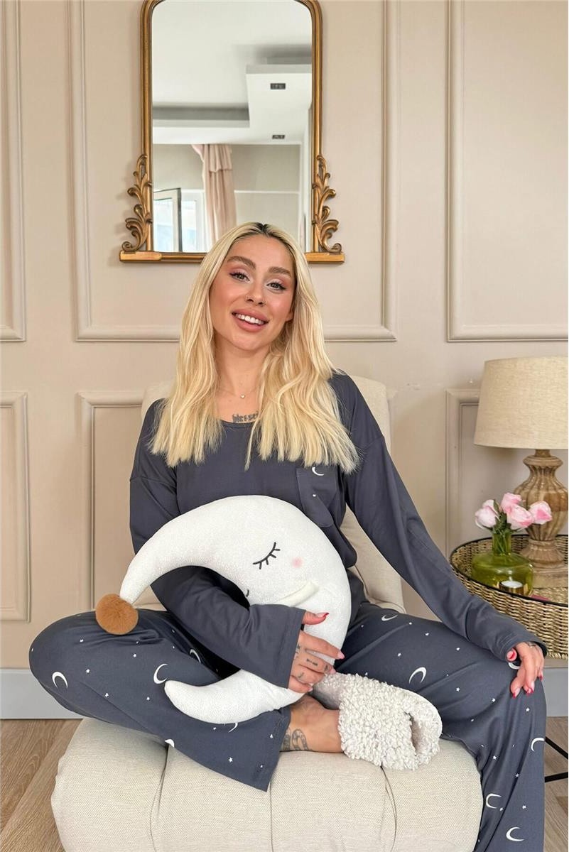 Pijama Evi Mürdüm Ay Yıldız Desenli Bambu Uzun Kol Kadın Pijama Takımı görsel 4