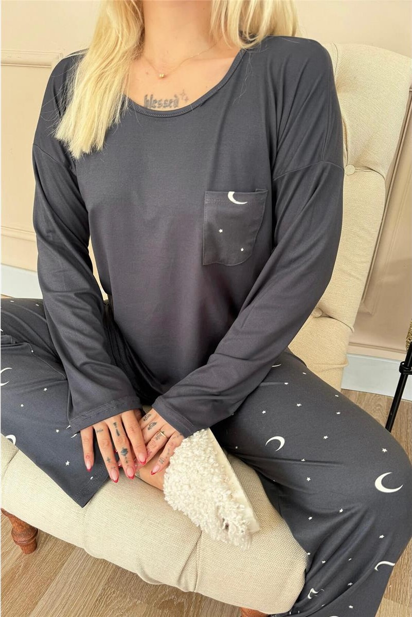 Pijama Evi Mürdüm Ay Yıldız Desenli Bambu Uzun Kol Kadın Pijama Takımı görsel 5