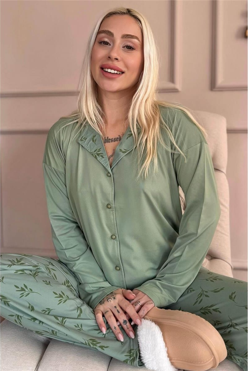 Pijama Evi Yeşil Çiçek Desenli Bambu Önden Düğmeli Uzun Kol Kadın Pijama Takımı