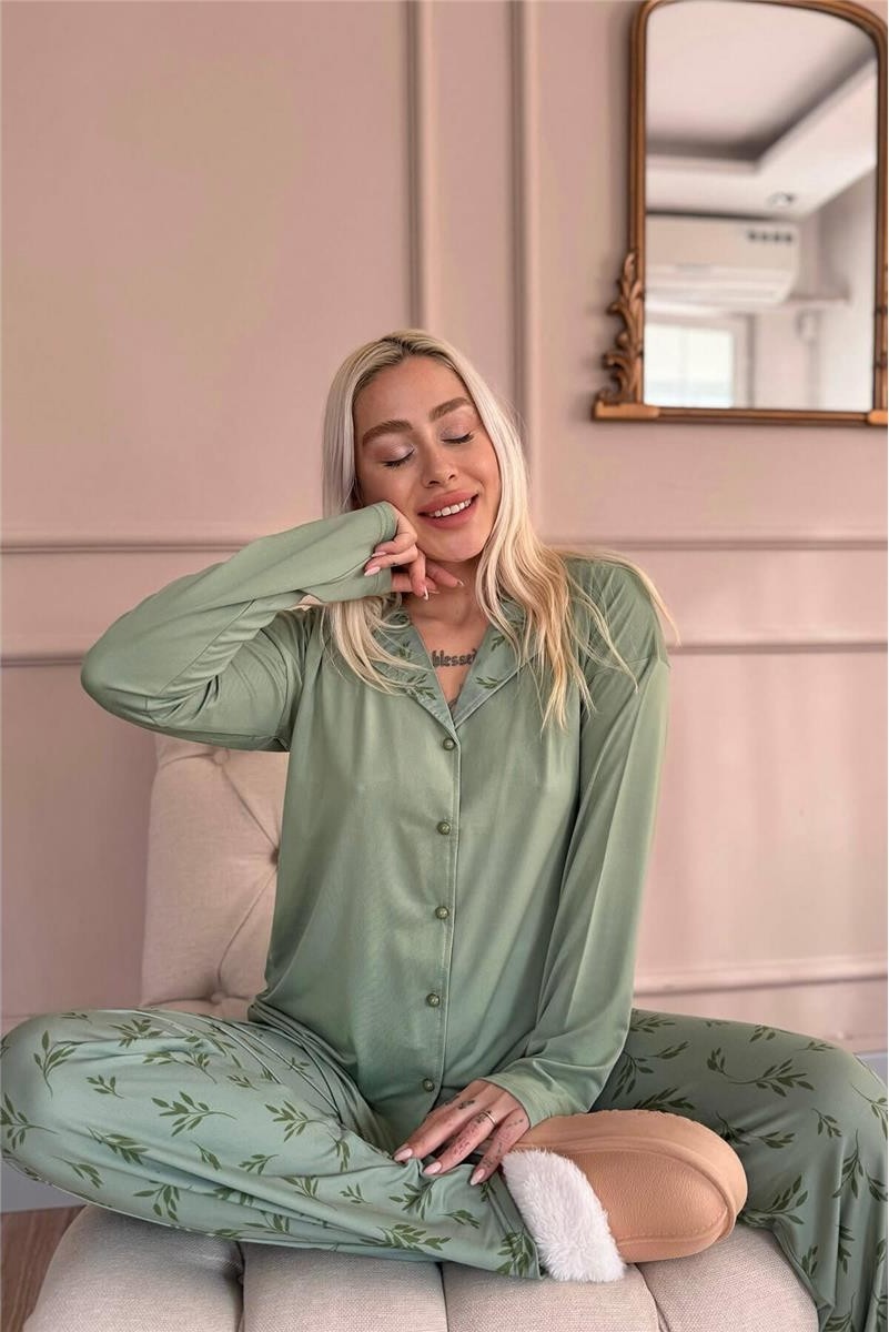 Pijama Evi Yeşil Çiçek Desenli Bambu Önden Düğmeli Uzun Kol Kadın Pijama Takımı görsel 8