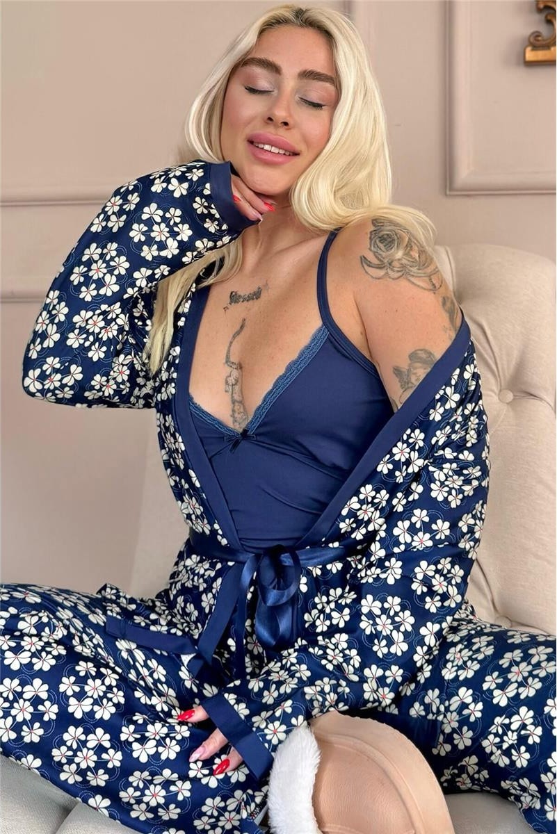 Pijama Evi Lacivert Blossom Exclusive Örme Sabahlıklı Kadın Pijama Takım