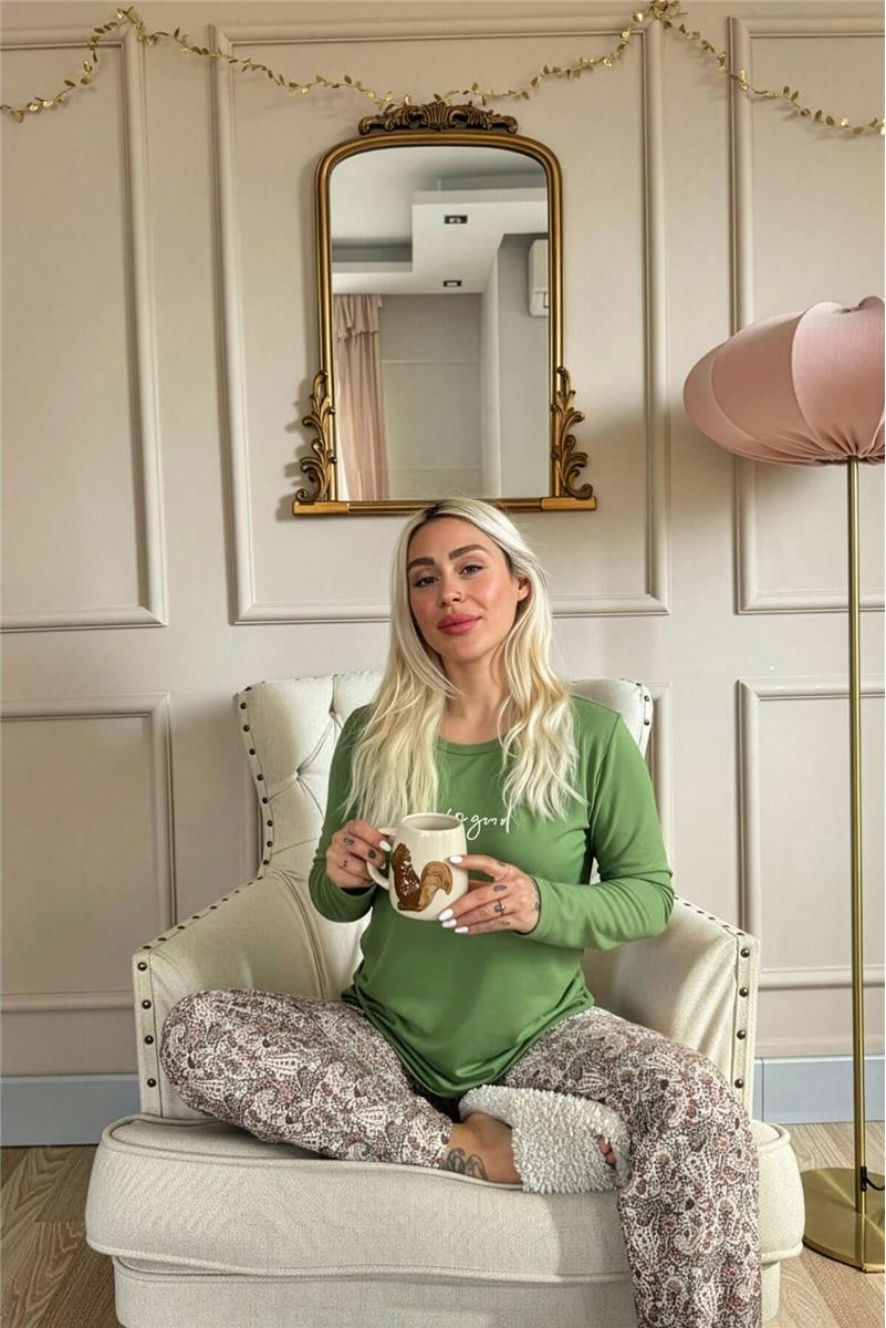 Pijama Evi Yeşil Life Is Good Desenli Uzun Kollu Bambu Örme Kadın Pijama Takımı görsel 8