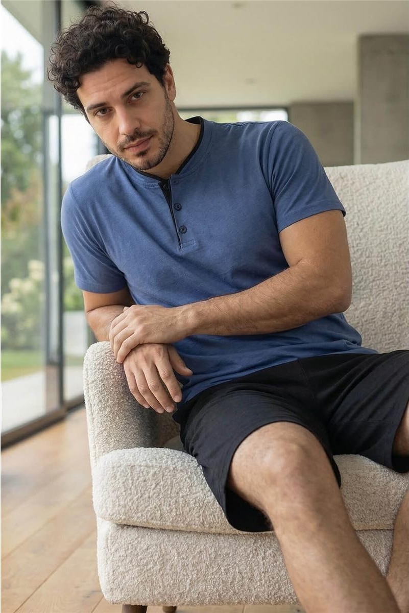 Pijama Evi Signature Navy Şortlu Pat Detaylı Elegant Erkek Pijama Takımı görsel 6