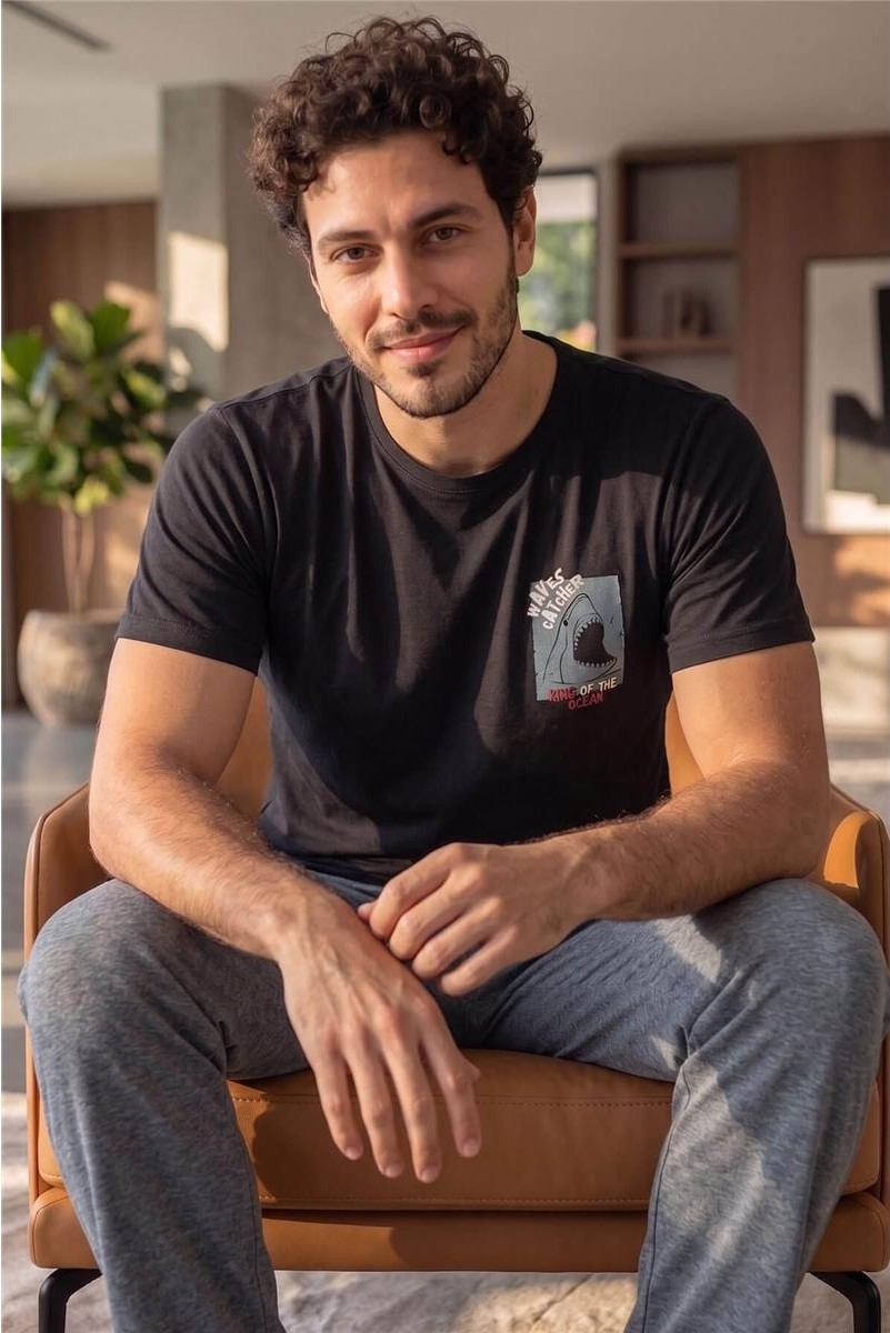 Pijama Evi Gri Break Desenli Kısa Kollu Erkek Pijama Takımı