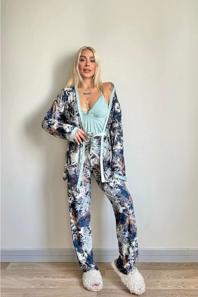 Pijama Evi Somon Flore Exclusive Örme Sabahlıklı Kadın Pijama Takımı görsel 6
