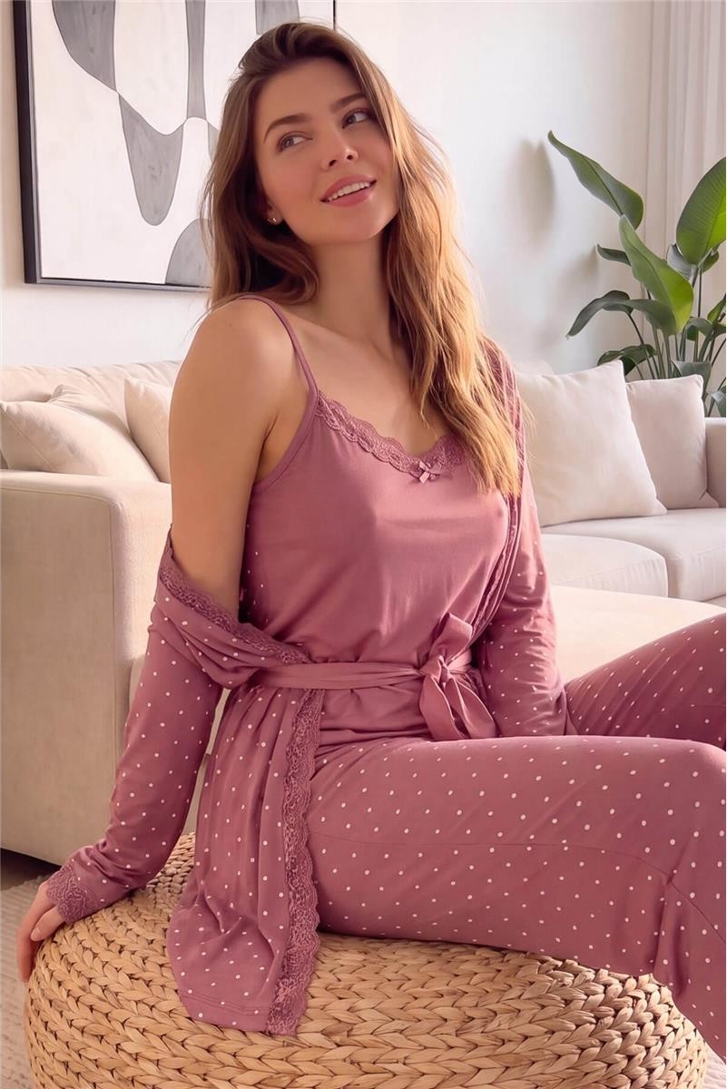 Pijama Evi Kadın Pijama Takımı Siyah Mini Puan Desenli Bambu Sabahlık ile Konfor Sunar