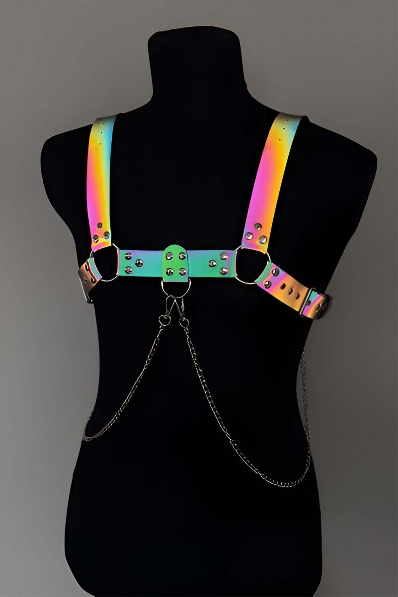 Beruflic Rainbow Reflektörlü (Karanlıkta Parlayan) Zincir Detaylı Şık Erkek Göğüs Harness, Reflekt�