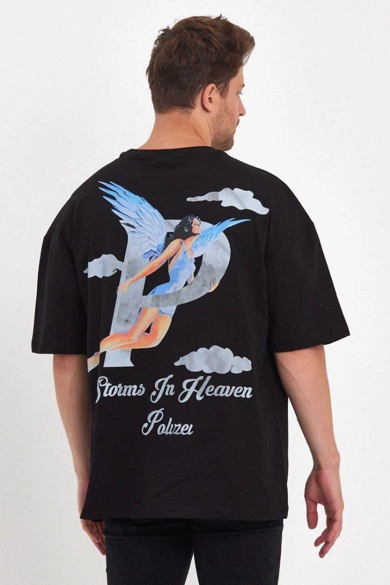 Fantastik Store Erkek Melek Baskılı T-Shirt Kısa Kol Bisiklet Yaka Rahat Kalıp Günlük Tişört - Siyah görsel 2