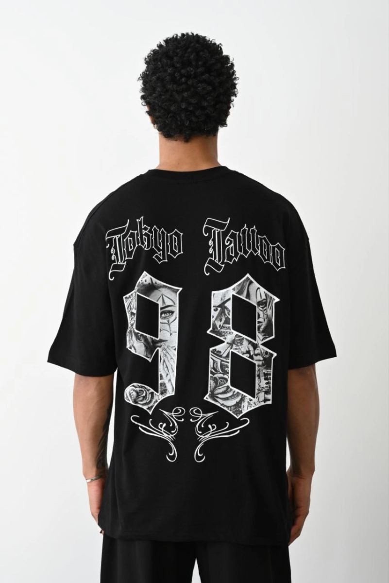 Fantastik Store Erkek Kısa Kol Yazlık Tişört Bisiklet Yaka Baskılı Oversize T-Shirt - Siyah