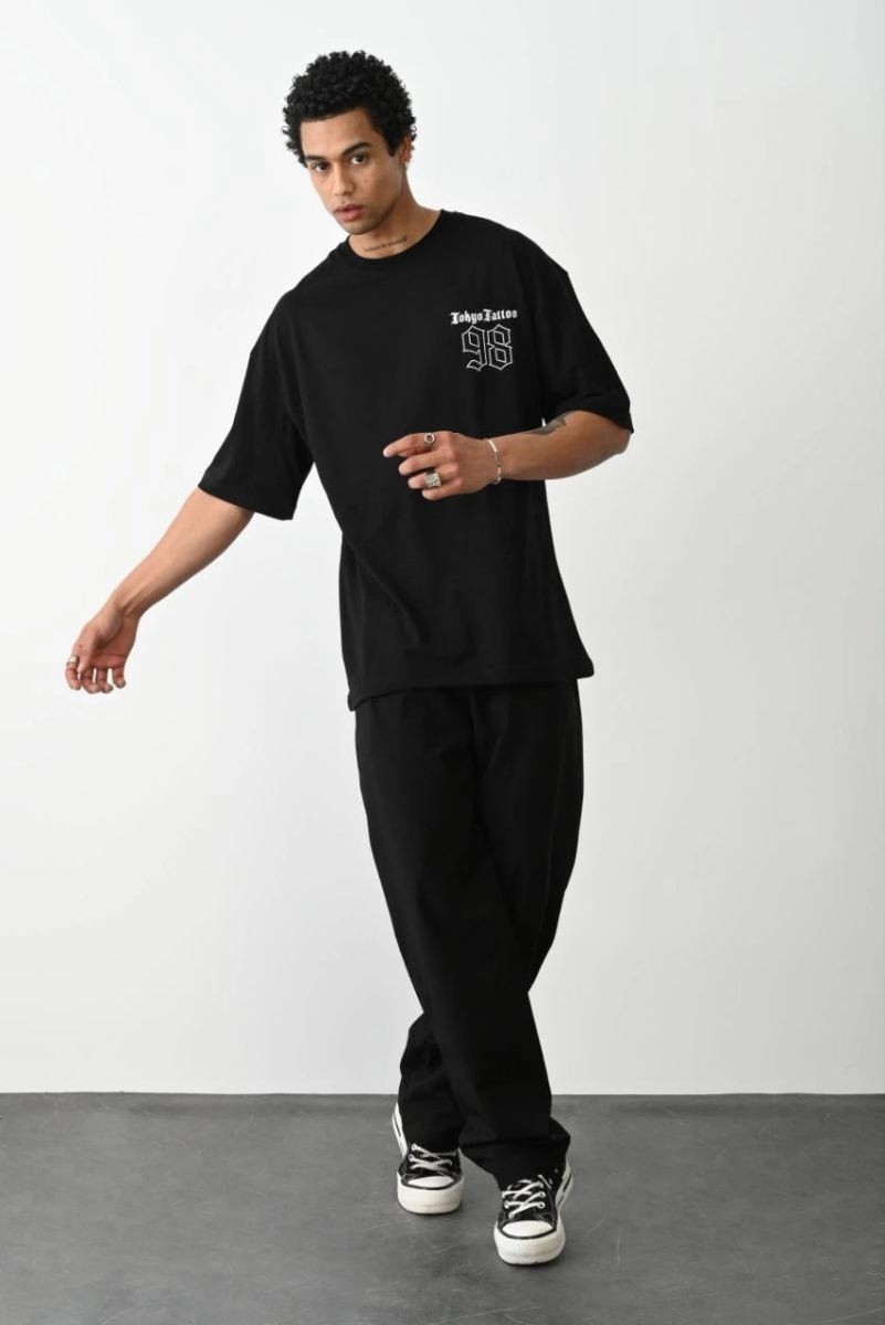 Fantastik Store Erkek Kısa Kol Yazlık Tişört Bisiklet Yaka Baskılı Oversize T-Shirt - Siyah görsel 3