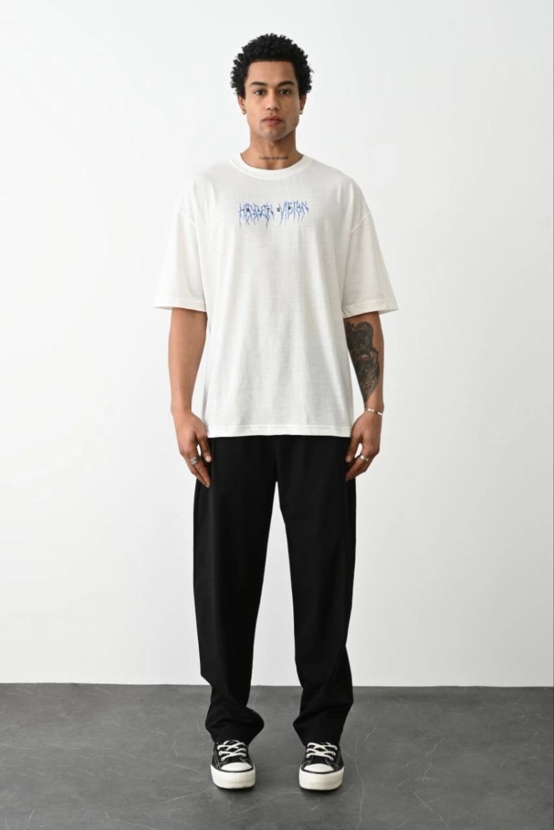 Fantastik Store Erkek Kısa Kol Yazlık Tişört Bisiklet Yaka Baskılı Oversize T-Shirt - Beyaz görsel 3