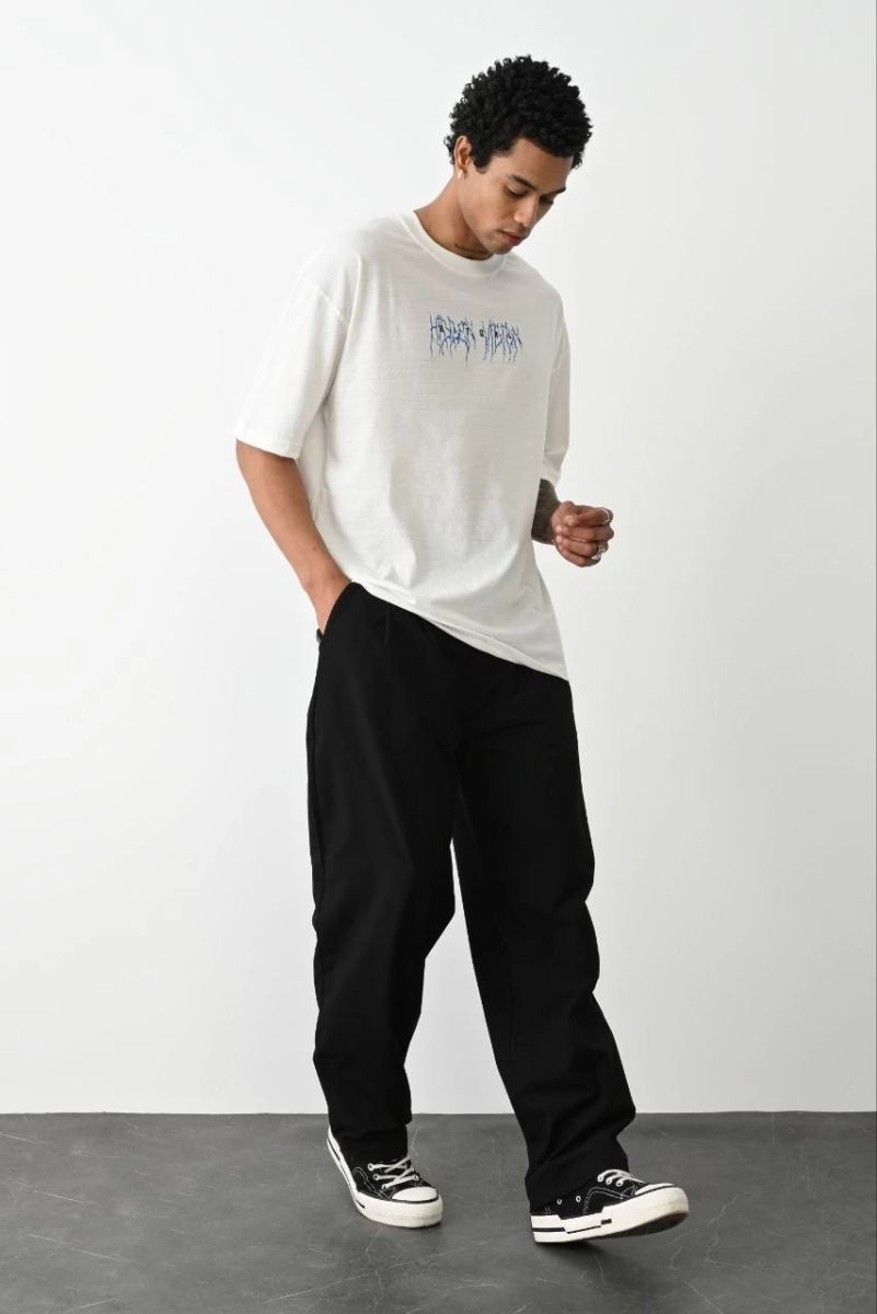 Fantastik Store Erkek Kısa Kol Yazlık Tişört Bisiklet Yaka Baskılı Oversize T-Shirt - Beyaz görsel 5