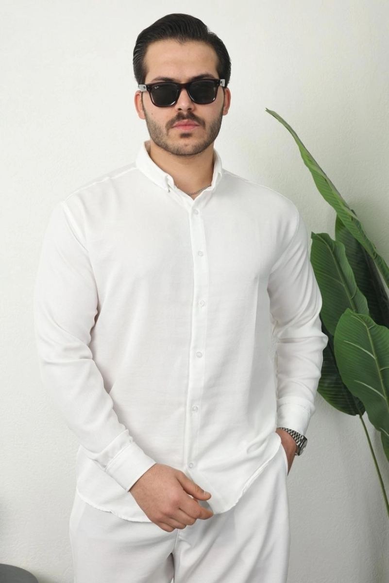 Fantastik Store Erkek Sofya Keten Gömlek Pantolon Alt Üst Takım Uzun Kollu - Beyaz görsel 2