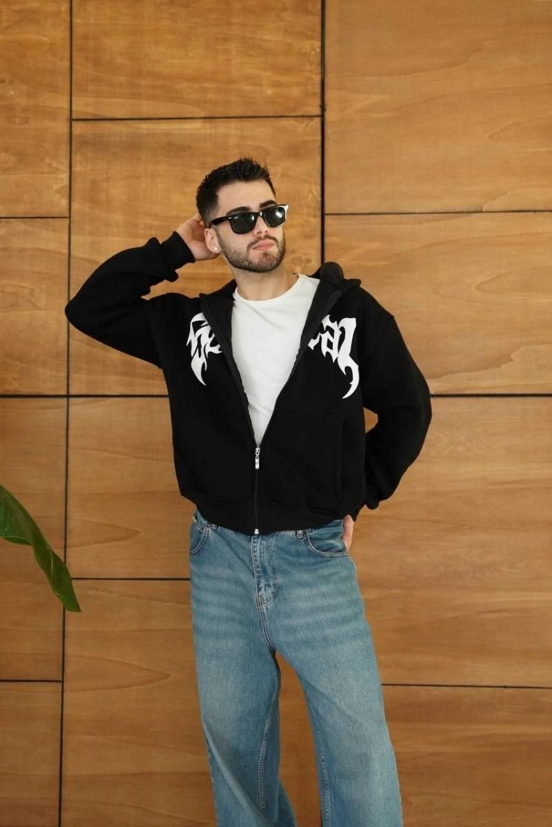 Walkies Erkek Kapüşonlu 3 Iplik Şardonlu Önü Baskılı Fermuarlı Oversize Sweatshirt - Siyah