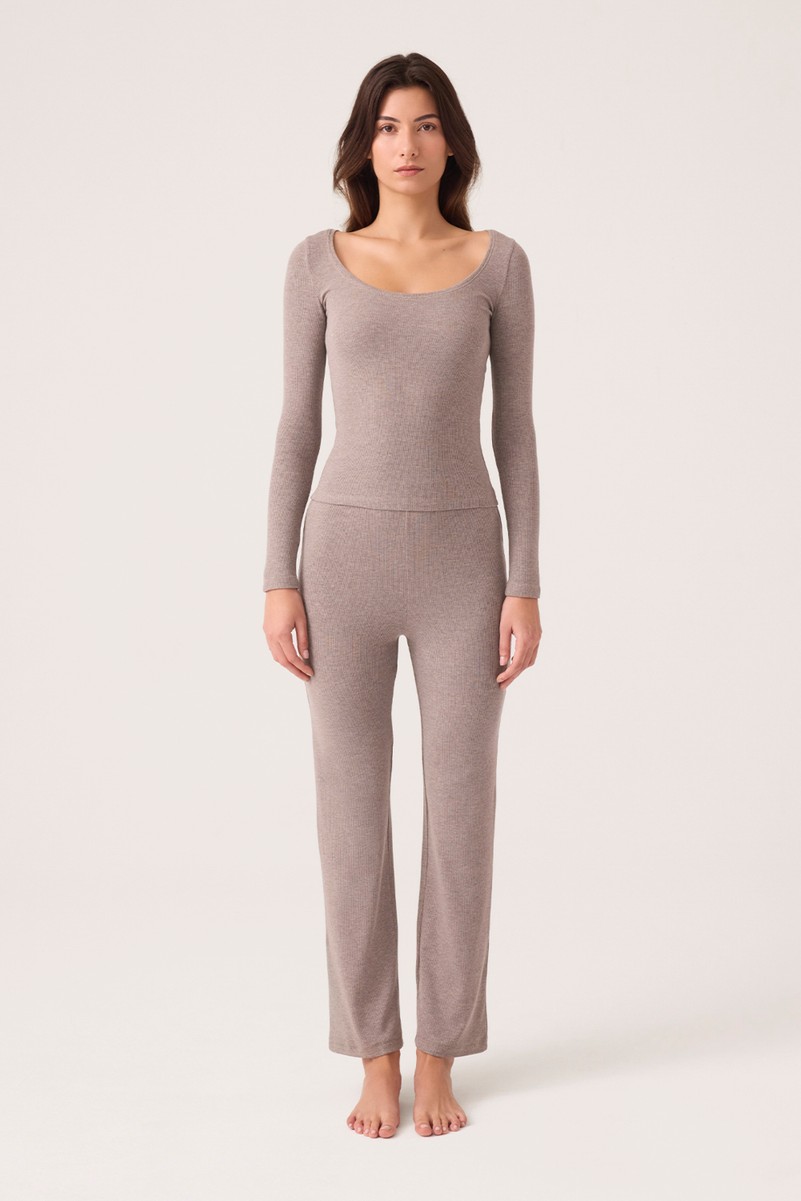 Los Ojos x Ece Kahverengi Modal Kumaşlı Uzun Kollu Eşofmanlı Pijama Takımı Ribbed Pj2 görsel 2