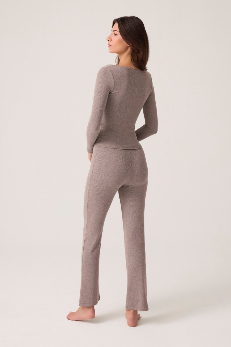 Los Ojos x Ece Kahverengi Modal Kumaşlı Uzun Kollu Eşofmanlı Pijama Takımı Ribbed Pj2 görsel 3