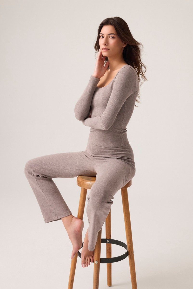 Los Ojos x Ece Kahverengi Modal Kumaşlı Uzun Kollu Eşofmanlı Pijama Takımı Ribbed Pj2 görsel 4