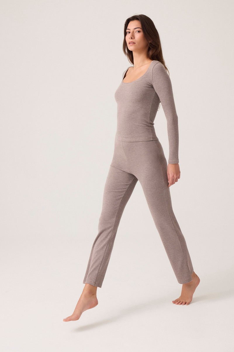 Los Ojos x Ece Kahverengi Modal Kumaşlı Uzun Kollu Eşofmanlı Pijama Takımı Ribbed Pj2 görsel 6
