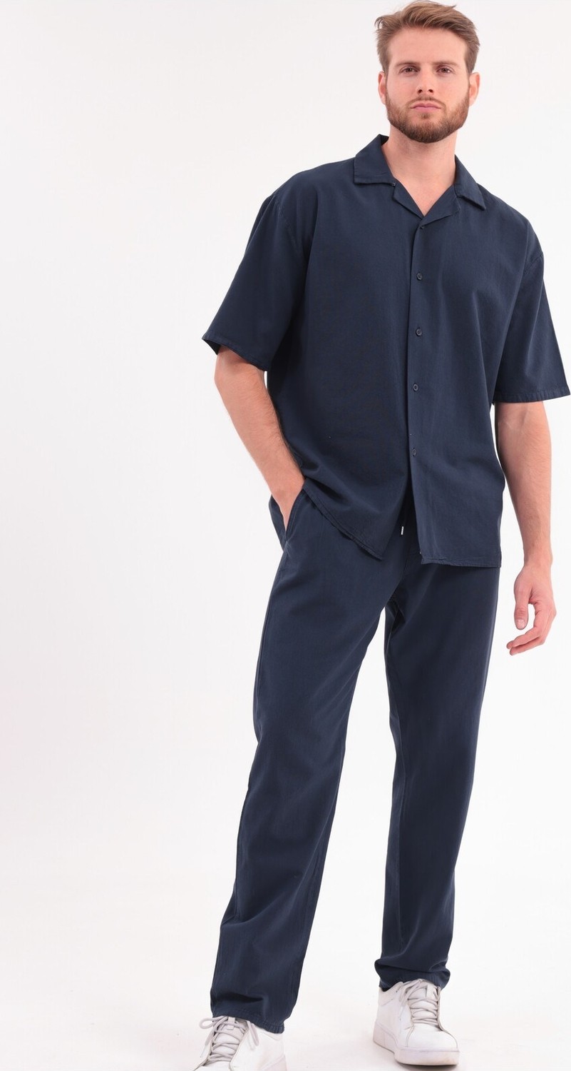 Blayn Jeans Erkek Lacivert Keten Takım Oversize Gömlek & Pantolon 2'li Set Bağcıklı Rahat Yazlık Kombin görsel 3