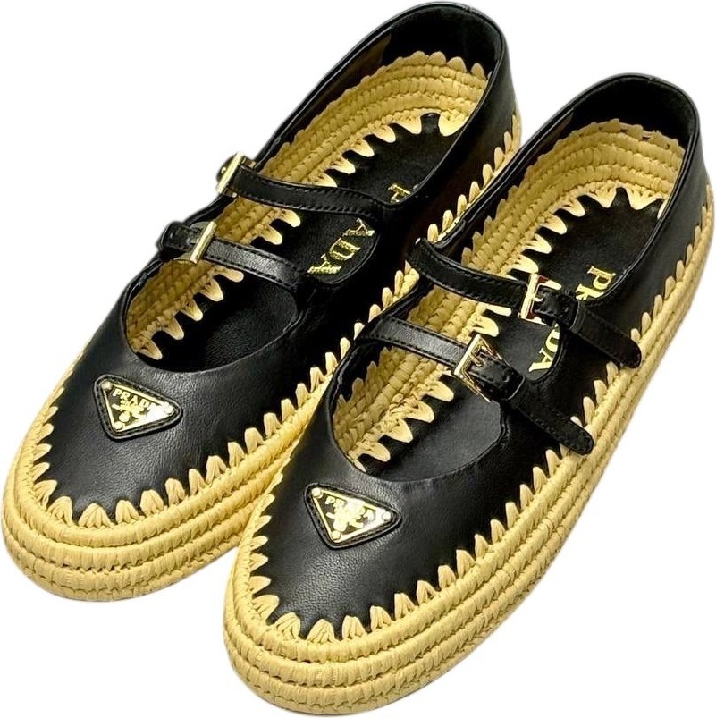 Globalux Prada Espadril Raffia Ballerinas Mary Jane - Kadın Ayakkabı - Günlük Ayakkabı - Hasır Ayakkabı görsel 2