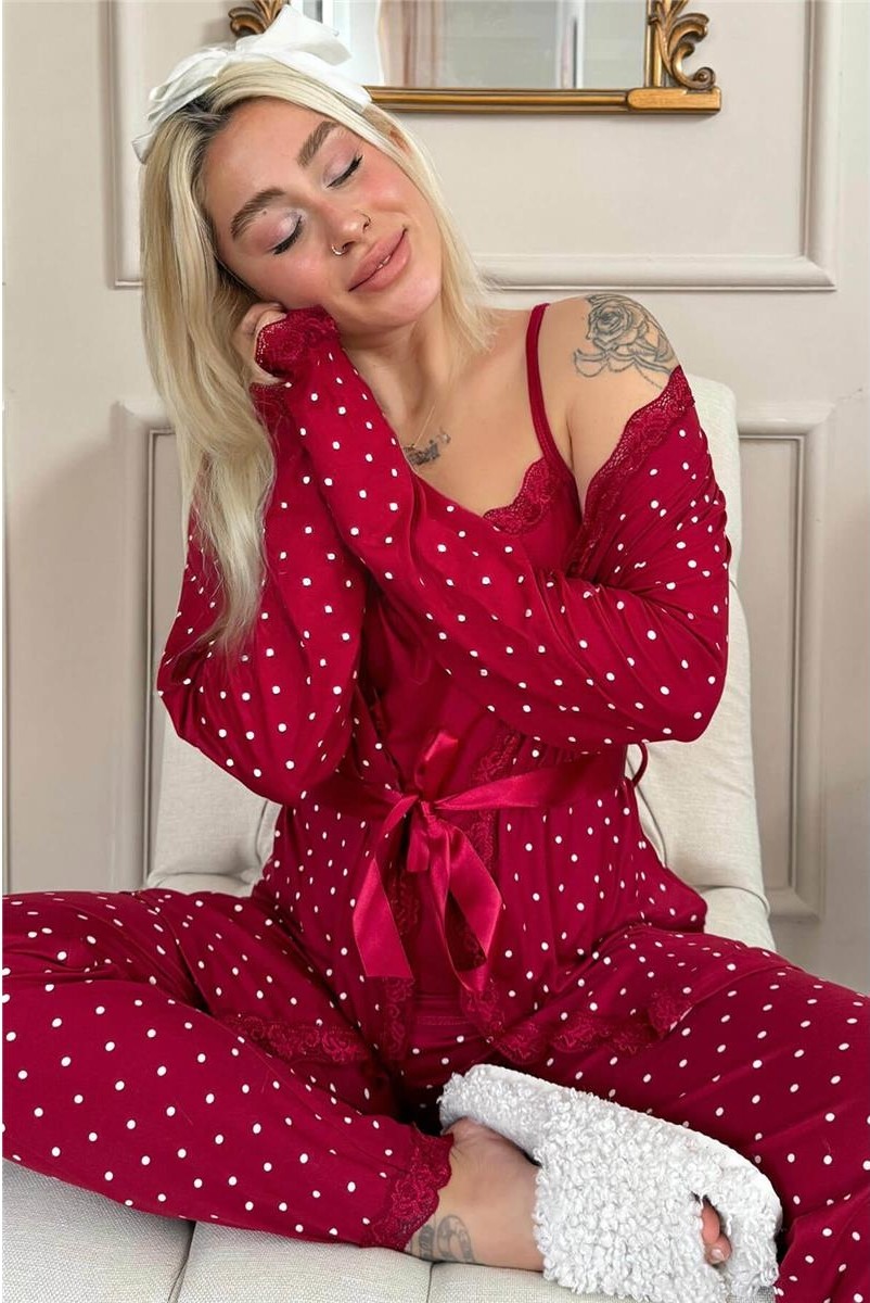Pijama Evi Kadın Pijama Takımı Siyah Mini Puan Desenli Bambu Sabahlık ile Konfor Sunar