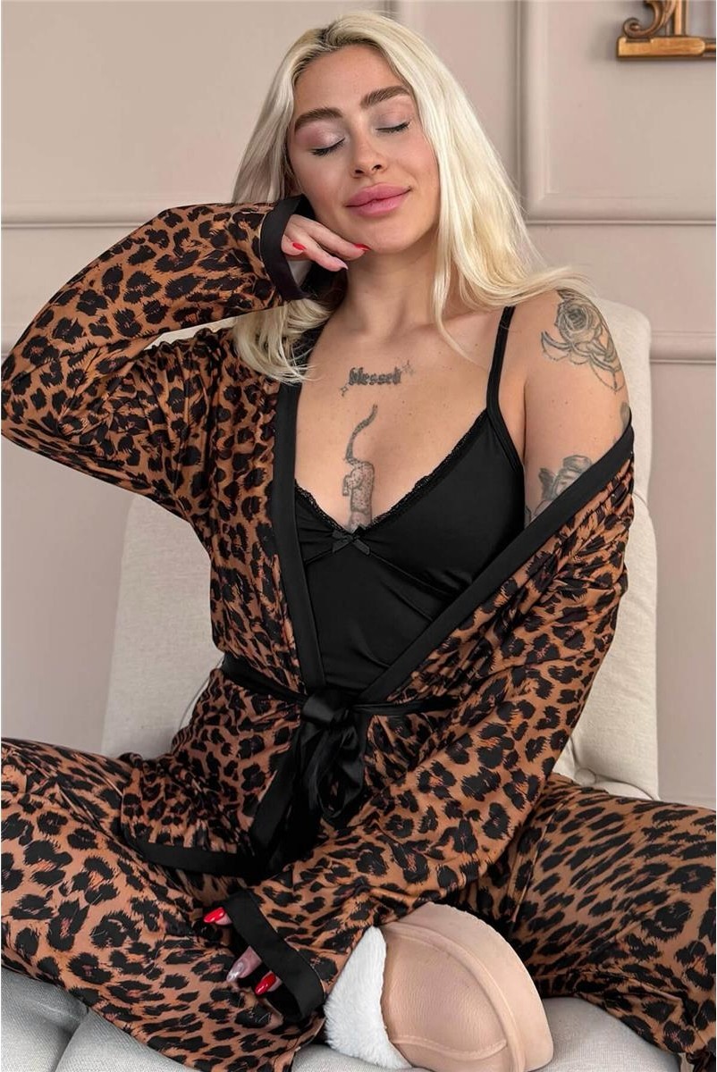Pijama Evi Lacivert Blossom Exclusive Örme Sabahlıklı Kadın Pijama Takım görsel 6