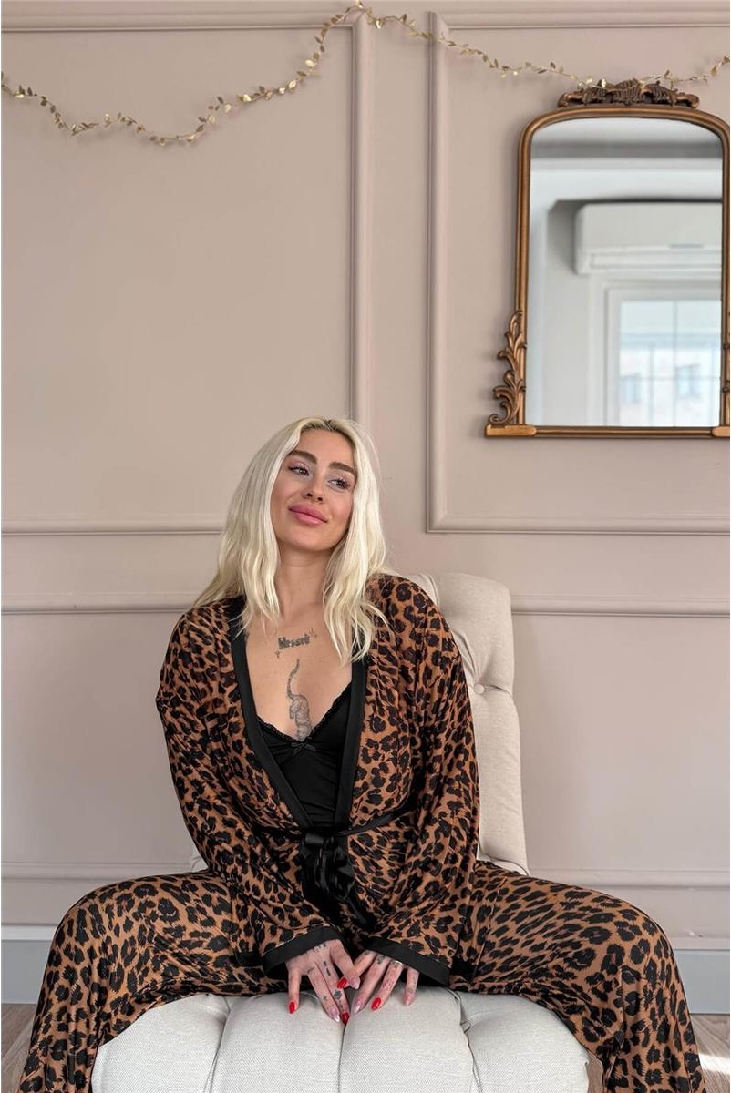 Pijama Evi Lacivert Blossom Exclusive Örme Sabahlıklı Kadın Pijama Takım görsel 7