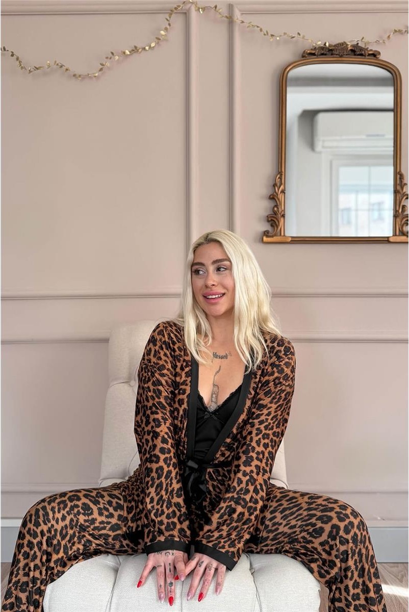 Pijama Evi Lacivert Blossom Exclusive Örme Sabahlıklı Kadın Pijama Takım görsel 8