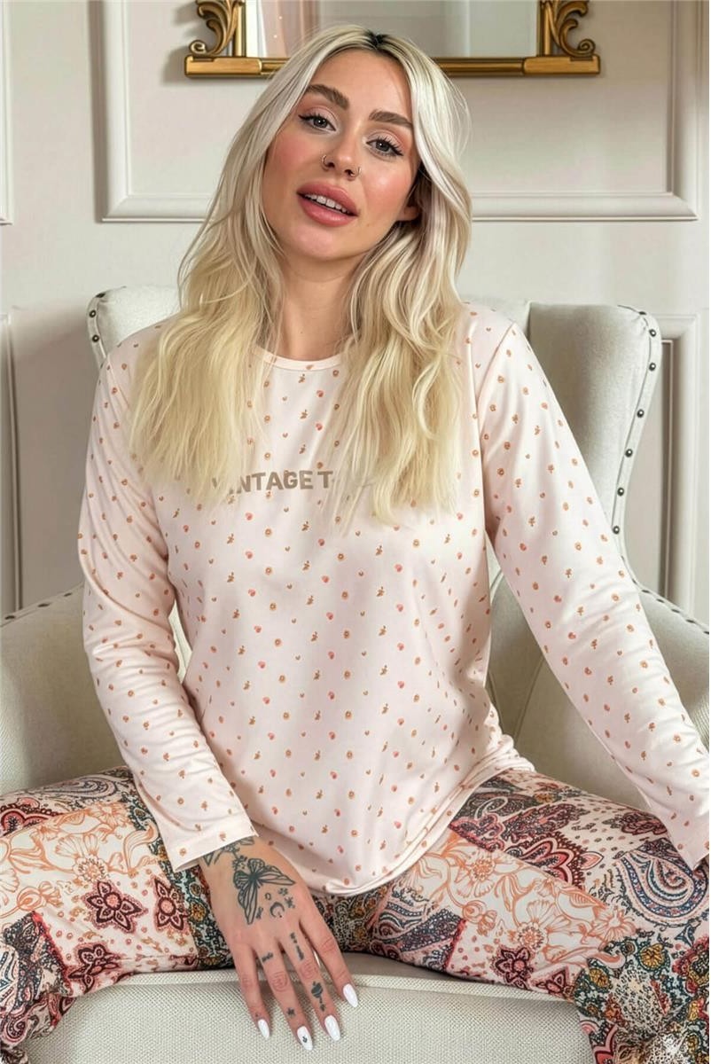 Pijama Evi Yeşil Life Is Good Desenli Uzun Kollu Bambu Örme Kadın Pijama Takımı