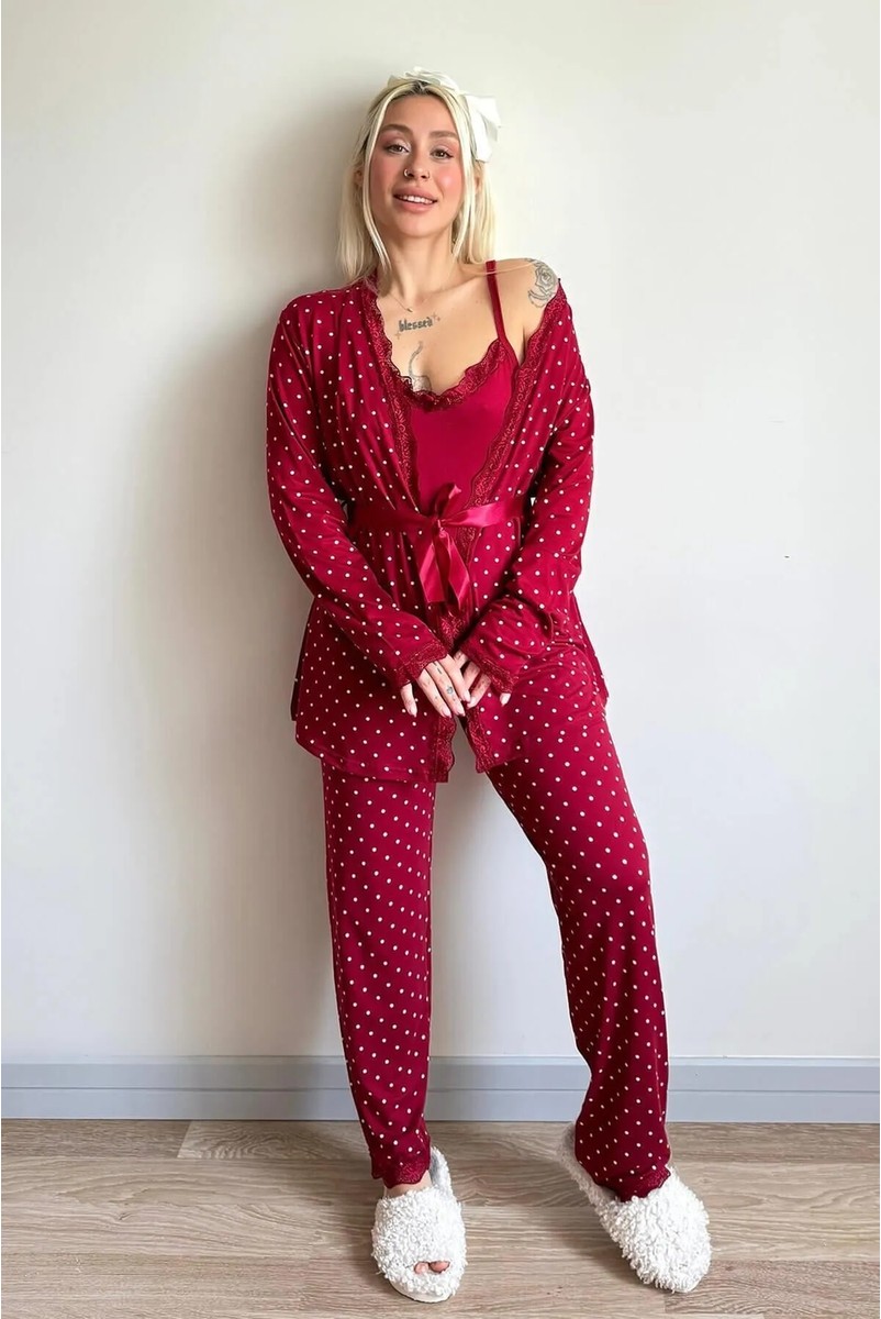 Pijama Evi Kadın Pijama Takımı Siyah Mini Puan Desenli Bambu Sabahlık ile Konfor Sunar görsel 6