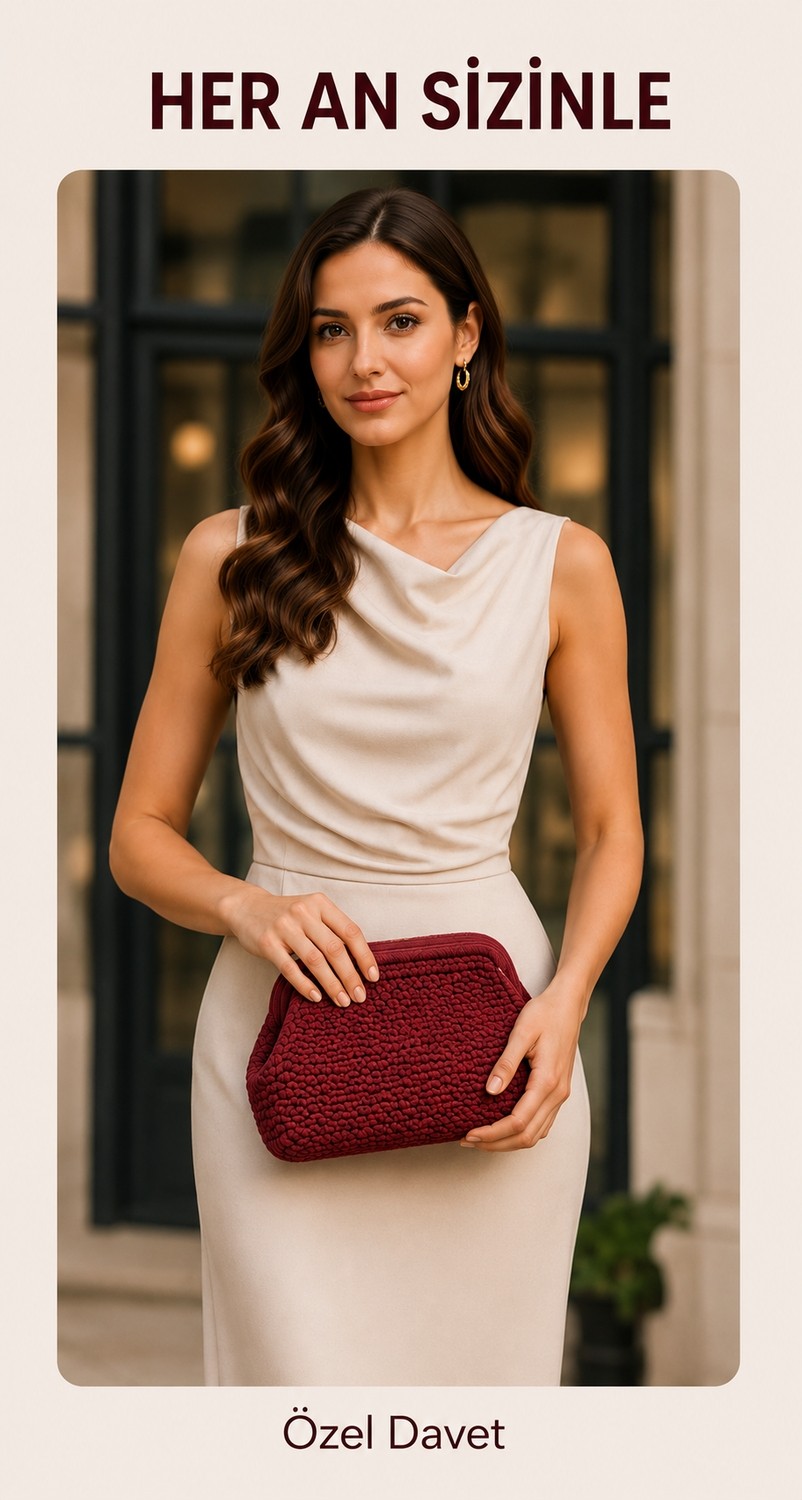 Holistic Kadın Örgü El Çantası Clutch Portföy Abiye Çanta El Yapımı Şık Günlük ve Davet Çantası Kızıl Kahve görsel 5