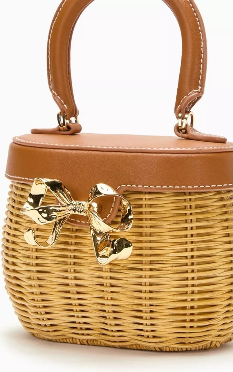 Self-Portrait Self-Portraıt Bow Basket Çanta Naturel Rattan & Altın Detaylı Zarif Mini Tote görsel 3
