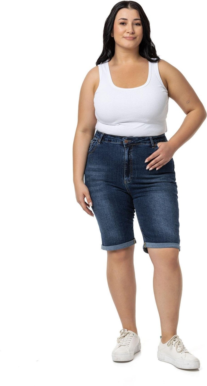 Disentis Modest Büyük Beden Paçası Katlamalı Beş Cepli Denim Mavi Şort