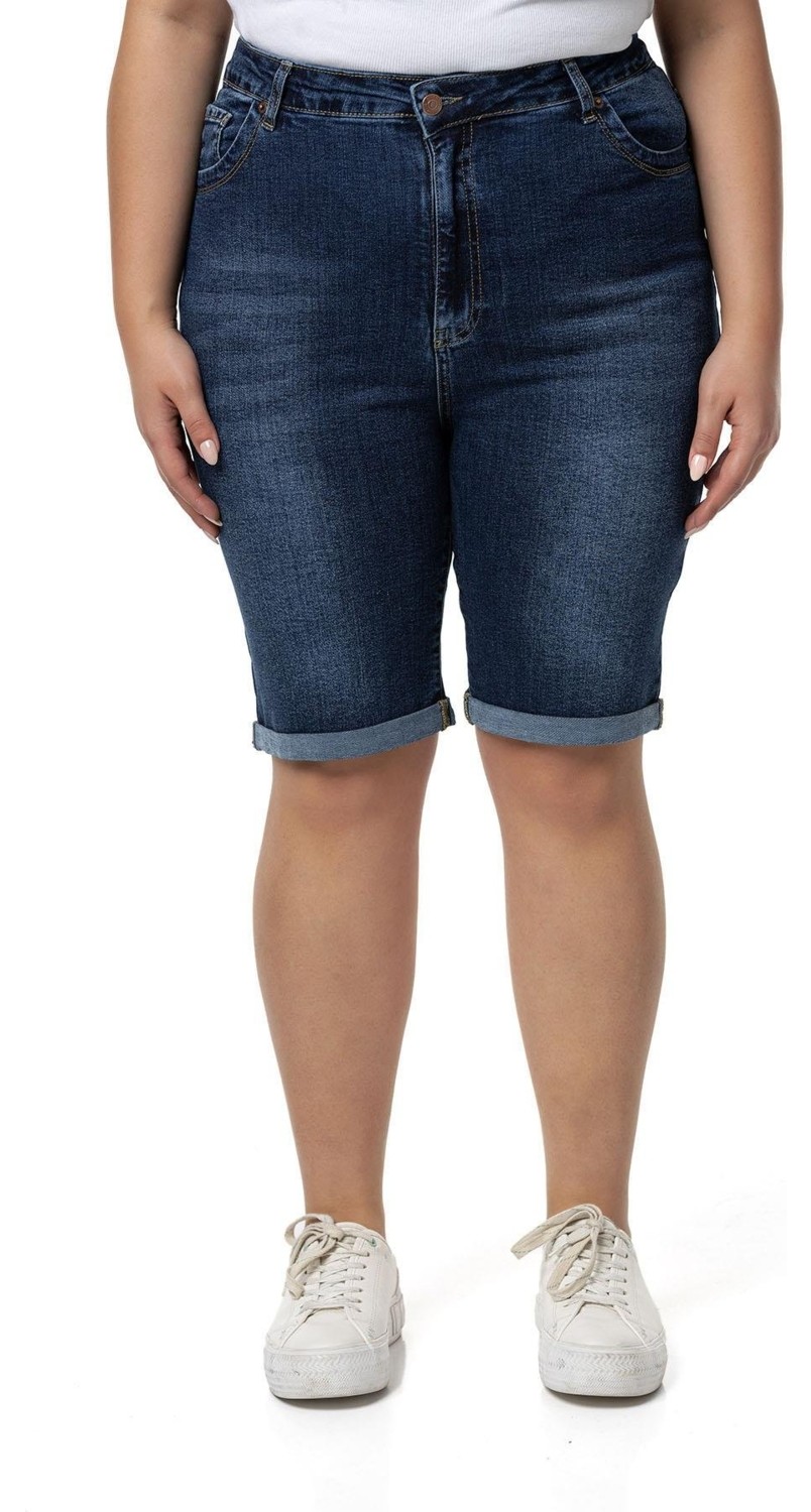Disentis Modest Büyük Beden Paçası Katlamalı Beş Cepli Denim Mavi Şort görsel 2