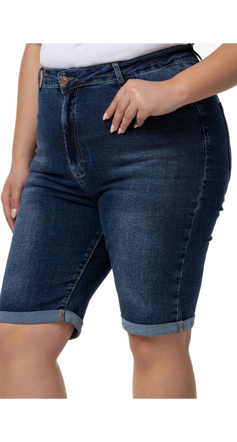 Disentis Modest Büyük Beden Paçası Katlamalı Beş Cepli Denim Mavi Şort görsel 5