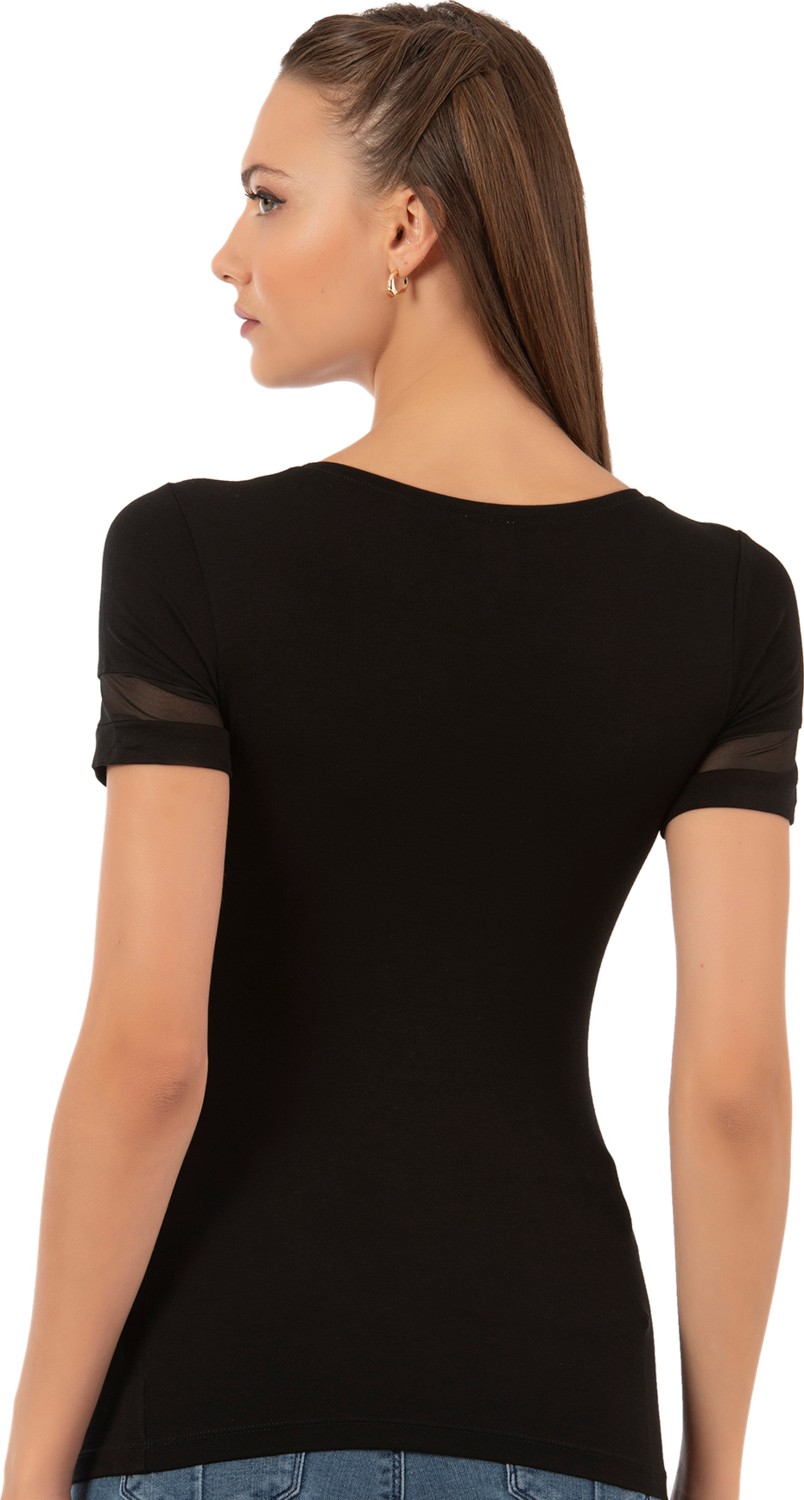 Özkan Underwear Özkan 26983 Kadın Premium Yumuşak Rahat Kumaş Ring Viskon Bisiklet Yaka Tül Detaylı Kısa Kollu Örme Bluz görsel 2