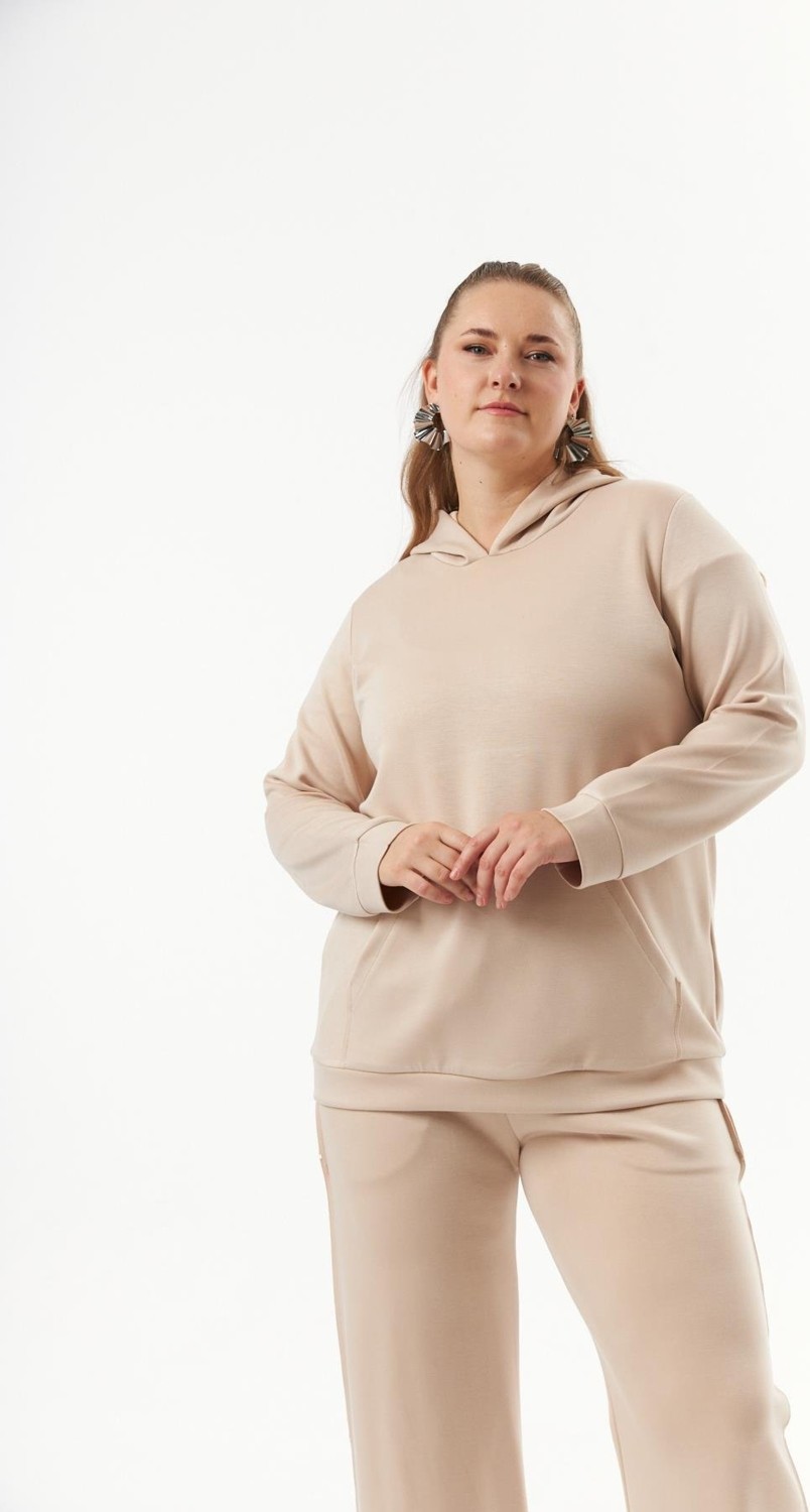 Rmg Büyük Beden Kanguru Cepli Modal Sweatshirt Vizon görsel 3